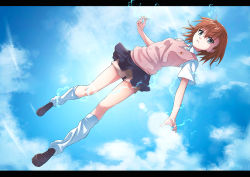 Rule 34 | 1girl, bad id, bad pixiv id, blue eyes, breasts, brown eyes, brown footwear, brown hair, brown shorts, brown socks, brown sweater, brown sweater vest, brown vest, cloud, cloudy sky, coin, day, electricity, electrokinesis, falling, fantasy, female focus, from below, full body, grey skirt, hair between eyes, holding, holding coin, in air, isshi pyuma, lens flare, letterboxed, light brown legwear, light brown shorts, light brown sweater, light brown vest, loafers, long legs, looking at viewer, loose socks, medium hair, miniskirt, misaka mikoto, outdoors, outstretched arm, pleated skirt, psychic, school uniform, science fiction, serious, shirt, shoes, short hair, short shorts, short sleeves, shorts, shorts under skirt, skirt, sky, small breasts, socks, solo, sunlight, sweater, sweater vest, t-shirt, toaru kagaku no railgun, toaru majutsu no index, tokiwadai school uniform, v-shaped eyebrows, vest, white shirt, white socks