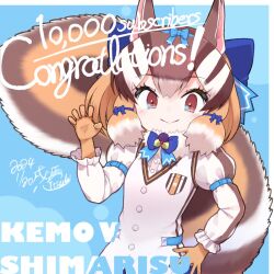 Rule 34 | 1girl, animal ears, blue background, brown eyes, brown hair, chipmunk ears, chipmunk girl, chipmunk tail, extra ears, gloves, highres, kemono friends, kemono friends v project, kitsunetsuki itsuki, looking at viewer, microphone, ribbon, shirt, short hair, shorts, siberian chipmunk (kemono friends), simple background, solo, tail, vest, virtual youtuber