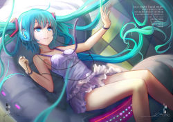 Rule 34 | 1girl, aqua eyes, aqua hair, bracelet, breasts, copyright name, hatsune miku, jewelry, last night good night (vocaloid), long hair, sitting, small breasts, smile, solo, twintails, very long hair, vocaloid, wangchuan de quanyan