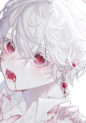 Rule 34 | 10 io, 1boy, bishounen, blood, blood from mouth, earrings, highres, jewelry, looking at viewer, male focus, original, pointy ears, red eyes, shirt, solo, vampire, white background, white hair, white shirt
