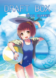 Rule 34 | 1girl, :d, ball, beachball, brown hair, collarbone, cover, cover page, hat, hat ribbon, hat tip, holding, holding clothes, holding hat, innertube, jacket, jacket over swimsuit, kirigaya yuuji, looking at viewer, one-piece swimsuit, open mouth, original, ribbon, school swimsuit, scrunchie, side ponytail, smile, solo, sun hat, swim ring, swimsuit, unworn hat, unworn headwear, yellow eyes