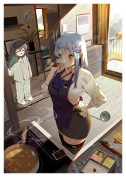 Rule 34 | 2girls, absurdres, alternate costume, apron, barefoot, bento, black legwear, blush, bsue, cellphone, closed eyes, collared shirt, commentary request, cooking, facial mark, food, g11 (girls&#039; frontline), german flag, girls&#039; frontline, green eyes, grey hair, hair between eyes, highres, hk416 (girls&#039; frontline), indoors, knife, long hair, long sleeves, multiple girls, pajamas, pencil skirt, phone, revision, shirt, skirt, smartphone, standing, thighhighs, white shirt