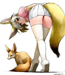 Rule 34 | 10s, 1girl, animal ears, bent over, blonde hair, bow, bowtie, brown eyes, fennec (kemono friends), fennec fox, fox ears, fox tail, full body, fur trim, happa (cloverppd), kemono friends, long legs, looking at viewer, pleated skirt, short hair, simple background, skirt, smile, standing, tail, thighhighs, tiptoes, white background, white skirt, white thighhighs, zettai ryouiki