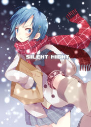 Rule 34 | 10s, 1girl, bad id, bad pixiv id, bag, blue eyes, blue hair, blush, checkered clothes, checkered skirt, cover, cover page, gloves, hair ornament, hairpin, holding hands, jacket, mahou shoujo madoka magica, mahou shoujo madoka magica (anime), matching hair/eyes, miki sayaka, open mouth, plaid, plaid scarf, pun2, red scarf, scarf, shopping bag, short hair, skirt, snowing, solo, solo focus, translation request