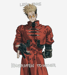 Rule 34 | 1boy, absurdres, coat, earrings, grey background, happy, highres, ibuprofen, jewelry, mole, mole under eye, red coat, ring, simple background, single earring, sol halite, solo, sunglasses, trigun, vash the stampede
