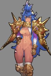 Rule 34 | 1girl, abs, areola slip, armor, bandaged arm, bandages, bar censor, black outline, blue eyes, blue hair, bracelet, bright pupils, censored, character request, closed mouth, commission, eyelashes, final fantasy, final fantasy brave exvius, frown, gem, gluteal fold, gold armor, gradient hair, greaves, grey background, grey thighhighs, hair between eyes, hamama2, hand on own hip, highres, jewelry, leg tattoo, long eyelashes, long hair, looking at viewer, multicolored hair, navel, oldoa, outer glow, outline, pauldrons, pink hair, purple gemstone, pussy, shoulder armor, simple background, skeb commission, skindentation, solo, spiked bracelet, spikes, tattoo, thighhighs, very long hair, war of the visions: final fantasy brave exvius, white pupils