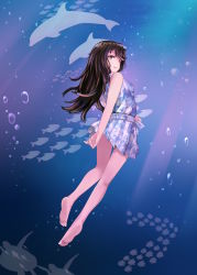 Rule 34 | 1girl, absurdres, air bubble, arm behind back, bad id, bad pixiv id, barefoot, beifeng han, black hair, breath, bubble, diving, dolphin, dress, fish, freediving, full body, hair between eyes, highres, holding breath, jellyfish, long hair, looking at viewer, looking back, miyaura sanshio, one eye closed, original, purple eyes, sea turtle, simple background, smile, solo, swimming, turtle, underwater, white background