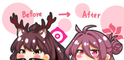 Rule 34 | absurdres, animal ears, antlers, arrow (symbol), before and after, blue archive, blush, brown eyes, brown hair, character request, chibi, closed mouth, hair between eyes, halo, high ponytail, highres, horns, kurukurumagical, ponytail, purple eyes, purple hair, white background
