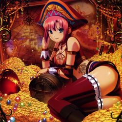 Rule 34 | 1girl, blush, breasts, cleavage, female focus, hat, koutaro, lying, midriff, pirate, pirate hat, red hair, rio rollins, short hair, smile, solo, super blackjack, tattoo, thighhighs, treasure