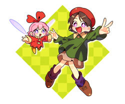 Rule 34 | 0tamt0, 2girls, adeleine, beret, brown skirt, drop shadow, fairy, fairy wings, full body, hat, highres, kirby (series), kirby 64, multiple girls, nintendo, open mouth, pink hair, red headwear, red ribbon, ribbon, ribbon (kirby), skirt, smile, v, wings