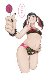 Rule 34 | 1girl, bare shoulders, bikini, black bikini, black eyes, black hair, black nails, black vest, blue skirt, bracelet, breasts, candy, contrapposto, cropped legs, ear piercing, earrings, floral print, food, from below, gyaru, hand on own hip, highres, holding, holding candy, holding food, holding lollipop, jewelry, kogal, lollipop, long hair, looking at viewer, midriff, multicolored hair, multiple earrings, multiple piercings, nail polish, navel, peeqaboo, piercing, red hair, shiny skin, simple background, skirt, small breasts, smile, solo, sono bisque doll wa koi wo suru, speech bubble, standing, stomach, stud earrings, sugaya nowa, swimsuit, thighs, twintails, two-tone hair, vest, white background