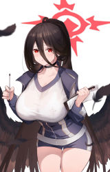 Rule 34 | 1girl, black choker, black hair, black wings, blue archive, blue jacket, blush, breasts, choker, clipboard, feathered wings, gym shirt, gym shorts, gym uniform, halo, hasumi (blue archive), hasumi (track) (blue archive), highres, holding, holding clipboard, huge breasts, jacket, large wings, long hair, looking at viewer, low wings, mole, mole under eye, official alternate costume, partially unzipped, ponytail, red eyes, red halo, shirt, shorts, simple background, solo, sportswear, track jacket, ura illust, wings
