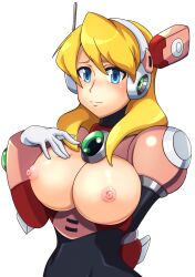 Rule 34 | 1girl, alia (mega man), android, armor, blonde hair, blue eyes, bodysuit, breasts, breasts out, capcom, gloves, hand on breast, highres, kotatuman dash, large breasts, mega man (series), mega man x (series), nipples, pink armor, robot, robot ears, solo, standing, topless, white background, white gloves