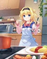 Rule 34 | 1girl, apron, black hairband, blonde hair, blue apron, blue eyes, blurry, blush, breasts, chitose sana, cofetaru, commentary, cooking, cowboy shot, depth of field, double bun, eyelashes, eyes visible through hair, fingernails, food, foreshortening, hair between eyes, hair bun, hair intakes, hairband, hands up, highres, holding, holding ladle, holding plate, indoors, ketchup, kitchen, ladle, long hair, looking at viewer, microwave, omelet, omurice, parted lips, pink shirt, plate, red sailor collar, refrigerator, sailor collar, school uniform, serafuku, shirt, sidelocks, sleeves past wrists, small breasts, solo, standing, steam, stove, tenshinranman, two side up