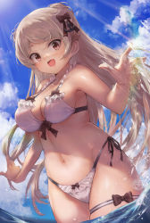 Rule 34 | 1girl, alternate costume, beach, bikini, blue sky, breasts, cloud, cloudy sky, comiket 100, conte di cavour (kancolle), day, frilled bikini, frills, highres, kantai collection, large breasts, looking at viewer, medium breasts, ocean, open mouth, outdoors, sky, smile, solo, sunlight, swimsuit, toka (marchlizard), water, white bikini