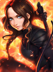 Rule 34 | 1girl, animification, arrow (projectile), bad id, bad tumblr id, blue eyes, bow (weapon), braid, brown hair, derivative work, highres, honeycomb pattern, ilya kuvshinov, katniss everdeen, long hair, solo, the hunger games, weapon