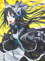 Rule 34 | 1girl, :d, animal ears, black hair, blue eyes, bow, cat ears, cat tail, checkered background, corsage, dress, frills, gloves, hair bow, hairband, highres, kintaro, long hair, looking at viewer, open mouth, original, smile, solo, tail, tail bow, tail ornament