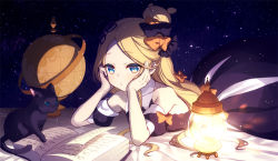 Rule 34 | 1girl, abigail williams (fate), animal, arm support, bare shoulders, bed sheet, black bow, black cat, black dress, black sleeves, blonde hair, blue eyes, book, bow, cat, collarbone, commentary request, detached sleeves, dress, fate/grand order, fate (series), globe, hair bow, hair bun, hands on own face, lantern, long hair, lying, on stomach, open book, orange bow, parted bangs, patori, pleated dress, puffy short sleeves, puffy sleeves, short sleeves, single hair bun, sleeveless, sleeveless dress, solo, very long hair