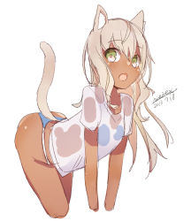 Rule 34 | 1girl, animal ears, ass, bikini, bikini under clothes, blue bikini, blush, cat ears, cat girl, cat tail, commentary request, cropped arms, cropped legs, dark skin, dark-skinned female, dated, green eyes, leaning forward, light brown hair, long hair, maze (gochama ze gohan), open mouth, original, see-through, shirt, short sleeves, signature, simple background, sketch, solo, standing, swimsuit, tail, tail raised, wet, wet clothes, wet shirt, white background, white shirt