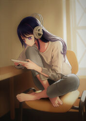 Rule 34 | 1girl, absurdres, barefoot, casual, cellphone, chair, closed mouth, collarbone, commentary, dead knight (20355611), feet, feet on chair, grey pants, headphones, highres, holding, hoshino ai (oshi no ko), long hair, multicolored hair, oshi no ko, pants, phone, purple eyes, purple hair, shirt, sidelocks, sitting, smartphone, solo, star-shaped pupils, star (symbol), streaked hair, swept bangs, symbol-shaped pupils, toes, white shirt