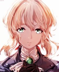 Rule 34 | 10s, 1girl, bad id, bad pixiv id, blonde hair, braid, closed mouth, commentary request, green eyes, hair between eyes, hair ribbon, lips, long hair, looking at viewer, nekoya (liu), portrait, ribbon, simple background, solo, upper body, violet evergarden, violet evergarden (series)