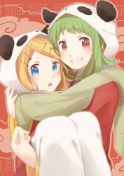 Rule 34 | 2girls, animal hat, aqua eyes, blonde hair, blush, carrying, chinese clothes, green hair, gumi, hair ornament, hairclip, hat, highres, kagamine rin, kana (okitasougo222), looking at viewer, multiple girls, open mouth, panda hat, princess carry, red eyes, short hair, smile, vocaloid, yi er fan club (vocaloid)