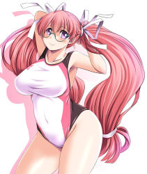 Rule 34 | 1girl, armpits, arms up, blush, breasts, competition swimsuit, covered navel, curvy, female focus, glasses, large breasts, log-mi (tonpuu), long hair, looking at viewer, one-piece swimsuit, original, pink hair, purple eyes, shadow, simple background, smile, solo, swimsuit, thick thighs, thighs, tonpuu, very long hair, white background, wide hips