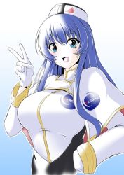 Rule 34 | 1girl, :d, blue eyes, blue hair, breasts, female focus, gloves, hand on own hip, hassen (8cm), jpeg artifacts, kidou senkan nadesico, large breasts, long hair, looking at viewer, matching hair/eyes, misumaru yurika, open mouth, simple background, smile, solo, uniform, v, white gloves