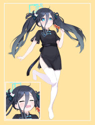 Rule 34 | 1girl, absurdres, alternate costume, aris (blue archive), black dress, black hair, blue archive, blue eyes, blush, cat hair ornament, china dress, chinese clothes, closed eyes, dress, eating, expressions, food, full body, hair ornament, halo, highres, holding, holding food, leg up, long bangs, long hair, looking at viewer, no shoes, open mouth, short sleeves, side slit, simple background, supersugar, tanghulu, thighhighs, twintails, variations, white thighhighs, yellow background
