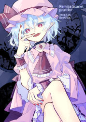 Rule 34 | 1girl, :o, ascot, bat (animal), bat wings, blue hair, brooch, chinese commentary, choker, cloud, cloudy sky, commentary request, crossed legs, dress, english text, fang, hat, highres, jewelry, ko kita, looking at viewer, mob cap, night, night sky, open mouth, outdoors, pink dress, pink hat, pointy ears, red ascot, red eyes, remilia scarlet, short hair, sitting, sky, solo, too many, too many bats, touhou, v, vampire, wings