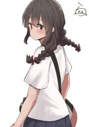 Rule 34 | 1girl, absurdres, alternate costume, artist logo, black eyes, black hair, black skirt, braid, camera, from behind, highres, isonami (autumn mode) (kancolle), isonami (kancolle), kantai collection, lanthan, long hair, low twintails, one-hour drawing challenge, shirt, simple background, skirt, solo, strap, t-shirt, twin braids, twintails, white background, white shirt
