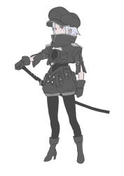 Rule 34 | 1boy, abs, arm belt, belt pouch, black pantyhose, clenched hand, closed mouth, covered abs, eric ueda, flat color, gloves, grey background, grey footwear, grey gloves, grey hair, grey hat, half-closed eyes, hand on hilt, hat, high heels, highres, holding, holding sword, holding weapon, male focus, original, pantyhose, pouch, red eyes, simple background, sketch, solo, standing, sword, toned, toned male, trap, weapon
