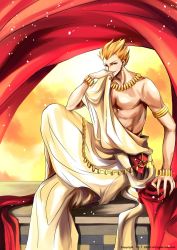 Rule 34 | 1boy, armlet, bad id, bad pixiv id, blonde hair, bracelet, cape, earrings, fate/stay night, fate/zero, fate (series), gilgamesh (fate), jewelry, male focus, necklace, red eyes, short hair, sitting, solo, toga, zerocastle