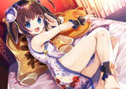 Rule 34 | 1girl, :d, ankle cuffs, ass, bare shoulders, barefoot, bed sheet, blue eyes, blush, brown hair, commentary request, dress, feet out of frame, floral print, gurasion (gurasion), hair rings, hand up, hinatsuru ai, indoors, looking at viewer, lying, on bed, on side, open mouth, pillow, print dress, ryuuou no oshigoto!, sleeveless, sleeveless dress, smile, solo, white dress, wrist cuffs