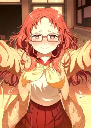 Rule 34 | 1girl, absurdres, blush, classroom, crying, crying with eyes open, dopal1223, embarrassed, forehead, glasses, highres, indoors, long sleeves, looking at viewer, mie ai, nose blush, orange eyes, orange hair, outstretched arms, pleated skirt, rectangular eyewear, red-framed eyewear, red skirt, shirt, skirt, smile, spread arms, standing, sukinako ga megane wo wasureta, sweater, tears, white shirt, yellow sweater