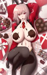 Rule 34 | 1girl, animal ears, box, breasts, brown pantyhose, chocolate, chocolate on body, chocolate on breasts, collarbone, covered erect nipples, detached collar, fake animal ears, fate/grand order, fate (series), florence nightingale (fate), food on body, gift, gift box, heart-shaped box, highres, jacket, knee up, large breasts, long hair, long sleeves, looking at viewer, lying, meme attire, navel, necktie, on back, open clothes, open jacket, pantyhose, pillow, pink hair, rabbit ears, red eyes, red jacket, reverse bunnysuit, reverse outfit, shiroshisu, valentine