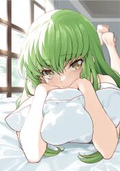 Rule 34 | 1girl, barefoot, c.c., closed mouth, code geass, creayus, day, green hair, hugging object, indoors, long hair, looking at viewer, lying, on stomach, pillow, pillow hug, solo, sunlight, window, yellow eyes