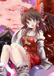 Rule 34 | 1girl, :d, ascot, brown hair, cherry blossoms, detached sleeves, female focus, givuchoko, hair tubes, hakurei reimu, highres, looking at viewer, md5 mismatch, open mouth, resolution mismatch, skirt, sky, smile, socks, solo, source larger, touhou