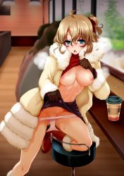 Rule 34 | 1girl, ahoge, aqua eyes, bare legs, black gloves, black skirt, blush, boots, breasts, breasts out, brown hair, clothes lift, coat, eyebrows, eyelashes, fur-trimmed boots, fur coat, fur trim, gloves, gluteal fold, groin, hair between eyes, heavy breathing, knee boots, large breasts, linea alba, looking at viewer, navel, nipples, no bra, open mouth, original, panties, panty pull, pink panties, ponytail, pussy juice, shirt, shirt lift, short hair, side ponytail, skirt, skirt lift, solo, stool, sweat, underwear, uran (uran-factory)