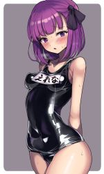 Rule 34 | 1girl, :o, arms behind back, black ribbon, black one-piece swimsuit, blush, breasts, cleft of venus, fate/grand order, fate (series), grey background, hair ribbon, helena blavatsky (fate), impossible clothes, impossible swimsuit, motsuaki, name tag, one-piece swimsuit, purple eyes, purple hair, ribbon, school swimsuit, short hair, small breasts, solo, sweat, swimsuit