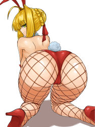 Rule 34 | 1girl, ahoge, ass, bare back, bare shoulders, blonde hair, bow, braid, breasts, detached collar, fate/extra, fate/grand order, fate (series), fishnets, green eyes, hair intakes, high heels, highres, large breasts, leotard, looking back, nero claudius (fate), nero claudius (fate) (all), playboy bunny, rabbit ears, rabbit tail, red bow, red heels, red leotard, red ribbon, ribbon, seductive smile, shadow, shiny skin, sideboob, skindentation, smile, steamingtofu, strapless, strapless leotard, white background