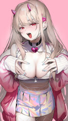 Rule 34 | 1girl, black collar, breasts, cleavage, cleavage cutout, clothing cutout, collar, commentary request, cowboy shot, crop top, fishnet pantyhose, fishnets, goddess of victory: nikke, heart collar, highres, holographic clothing, horns, iridescent, jacket, large breasts, light brown hair, long sleeves, looking at viewer, mask, mask pull, mayuri kaichou, midriff, mole, mole under eye, mouth mask, open mouth, pantyhose, partial commentary, pink background, pink horns, pink jacket, puffy long sleeves, puffy sleeves, red eyes, reflective clothes, saliva, saliva trail, shiny skirt, simple background, sleeves past wrists, solo, tongue, viper (nikke), white mask, white nails, zipper pull tab
