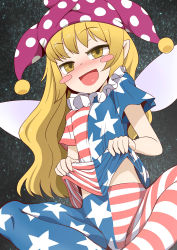 Rule 34 | 1girl, american flag, american flag dress, american flag legwear, blonde hair, blush, blush stickers, clothes lift, clownpiece, collar, dress, dress lift, fairy wings, frilled collar, frilled shirt collar, frills, gradient background, hat, jester cap, leggings, long hair, looking at viewer, naughty face, neck ruff, open mouth, pantyhose, shirt lift, smile, solo, star (symbol), striped clothes, striped dress, striped pantyhose, touhou, wings, yassy, yellow eyes