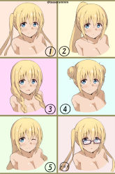 Rule 34 | 1girl, :c, ;), alternate hairstyle, bad id, bad pixiv id, bespectacled, blend s, blonde hair, blue eyes, blush, braid, breasts, cleavage, closed mouth, collarbone, commentary request, double bun, expression chart, glasses, hair between eyes, hair bun, high ponytail, hinata kaho, large breasts, long hair, looking at viewer, low twintails, multiple views, nude, one eye closed, parted lips, ponytail, profile, purple-framed eyewear, sidelocks, smile, tasora, twin braids, twintails, twitter username, v-shaped eyebrows, variations