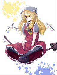 Rule 34 | 1girl, bad id, bad pixiv id, blonde hair, broom, broom riding, female focus, flandre scarlet, full body, hat, if they mated, kirisame marisa, lion nicole, mary janes, nicole (lion), pantyhose, raised eyebrow, red eyes, shoes, short hair, simple background, solo, star (symbol), touhou, white background, wings, yellow eyes