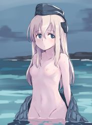 Rule 34 | 1girl, alakoala, blonde hair, blue eyes, blue hat, blush, breasts, closed mouth, cloud, garrison cap, hair between eyes, hat, headgear, highres, jacket, kantai collection, long hair, navel, nipples, nude, open clothes, open jacket, outdoors, partially submerged, sidelocks, skinny dipping, sky, small breasts, solo, u-511 (kancolle), undressing, wading, water, wet, wet hair
