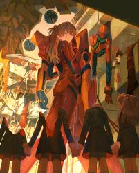 Rule 34 | black dress, blood, bloody tears, bodysuit, clone, closed mouth, doll, dress, expressionless, headless, highres, holding hands, ikuta41, long hair, multicolored bodysuit, multicolored clothes, neon genesis evangelion, orange hair, pilot suit, plugsuit, size difference, souryuu asuka langley, standing, test plugsuit