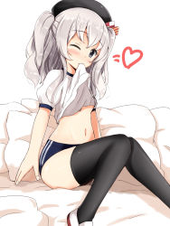 Rule 34 | 1girl, aged down, aikawa ryou, bad anatomy, bad hands, bad perspective, bad proportions, bed sheet, beret, black thighhighs, blush, buruma, clothes lift, commentary request, grey eyes, gym uniform, hat, heart, highres, kantai collection, kashima (kancolle), long hair, mouth hold, poorly drawn, shirt lift, short sleeves, silver hair, simple background, solo, thighhighs, two side up, white background