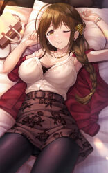 Rule 34 | 1girl, :d, armpits, arms up, bag, bed sheet, black pantyhose, blush, braid, breasts, brown hair, brown skirt, cleavage, collarbone, commentary request, earrings, floral print, handbag, high-waist skirt, highres, idolmaster, idolmaster shiny colors, indoors, jacket, unworn jacket, jewelry, kuwayama chiyuki, large breasts, long hair, looking at viewer, lying, necklace, on back, on bed, one eye closed, open mouth, orange eyes, pantyhose, pillow, print skirt, red jacket, rose print, shirt, single braid, skirt, sleeveless, sleeveless shirt, smile, solo, teeth, urabi (tomatohouse), watch, white shirt, wristwatch