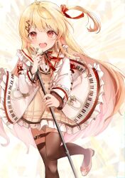 Rule 34 | 1girl, absurdres, ahoge, akebisousaku, blonde hair, dress, fortissimo, frills, hair ornament, highres, holding, hololive, hololive dev is, jacket, long hair, long sleeves, looking at viewer, microphone, microphone stand, musical note, musical note hair ornament, one side up, open clothes, open jacket, open mouth, otonose kanade, red eyes, ribbon, shoes, smile, solo, thigh strap, thighhighs, thighs, virtual youtuber, white jacket, zettai ryouiki